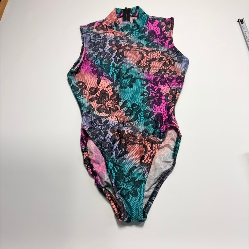 Gilda Marx Flexatard Vintage 80s Floral Lace Print Mock Neck Leotard Sz S USA - Picture 2 of 13